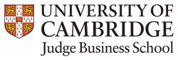 This is the logo for Cambridge University Judge Business School with text and a yellow and red Coat of Arms.